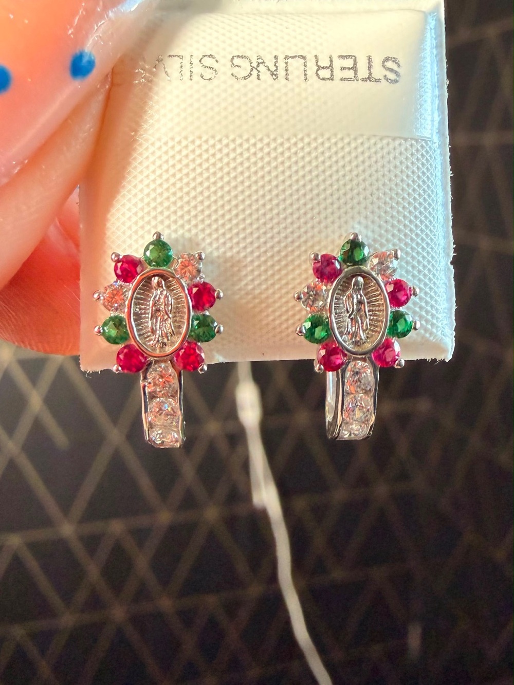Sterling Silver Miraculous Medal Hoop Earrings with Red & Green Stones